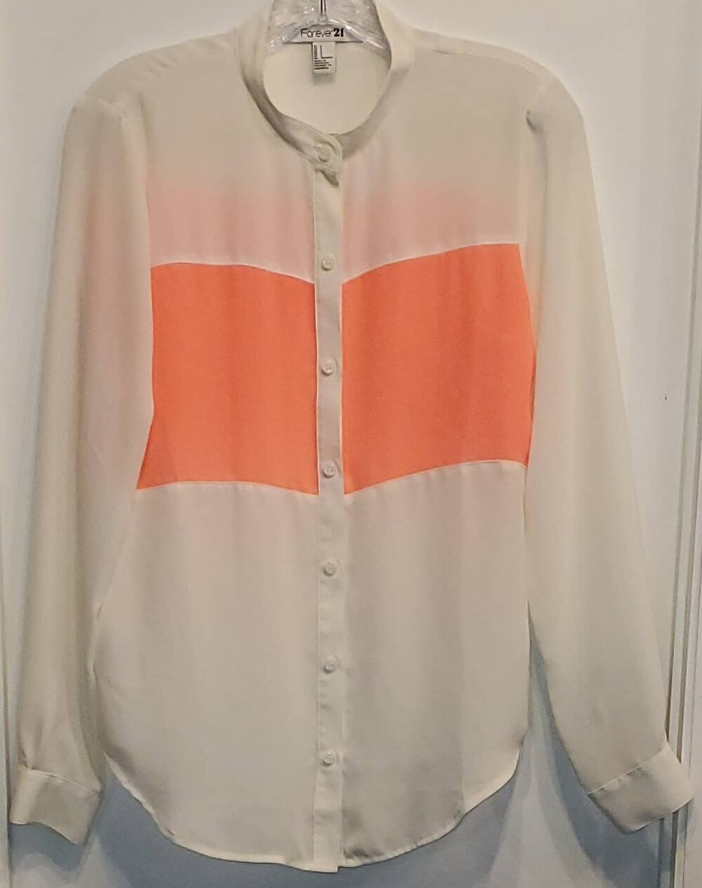 Forever 21 Long Sleeve Polyester Cream Pink Sheer Button Down Shirt Size Small